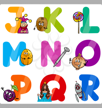 Cartoon Illustration of Funny Capital Letters Alphabet with Objects for Language and Vocabulary Education for Children from J to R