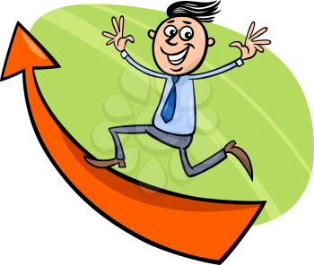Concept Cartoon Illustration of Happy Man or Businessman Running Up on Big Arrow