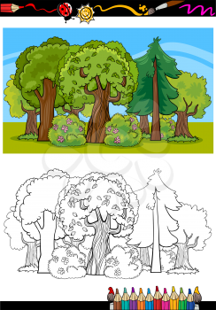 Coloring Book or Page Cartoon Illustration of Trees and Bushes in the Forest for Children Education