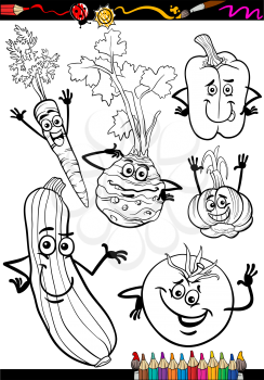 Coloring Book or Page Cartoon Illustration of Black and White Vegetables Food Comic Characters Set