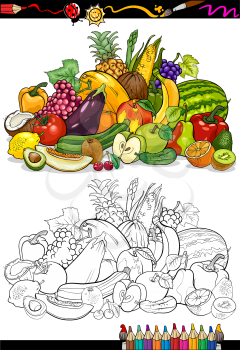 Coloring Book or Page Cartoon Illustration of Fruits and Vegetables Big Food Group for Children Education