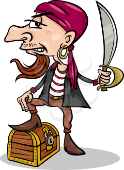 Cartoon Illustration of Funny Pirate or Corsair with Sword and Treasure Chest