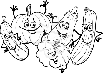 Black and White Cartoon Illustration of Funny Cucurbits Vegetables Food Characters Group for Coloring Book