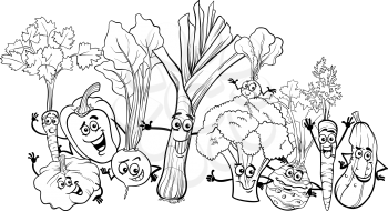 Black and White Cartoon Illustration of Funny Vegetables Food Characters Big Group for Coloring Book