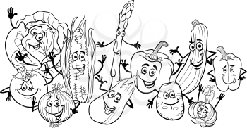 Black and White Cartoon Illustration of Happy Vegetables Food Characters Big Group for Coloring Book