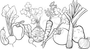 Black and White Cartoon Illustration of Vegetables Food Object Big Group for Coloring Book
