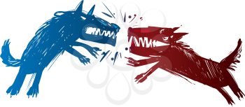 Illustration of Two Angry Fighting Wolves Baring their Teeth