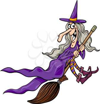 Cartoon Illustration of Funny Fantasy or Halloween Witch Flying on Broom