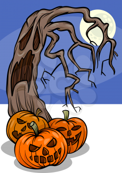 Cartoon Illustration of Halloween Pumpkins with Spooky Tree