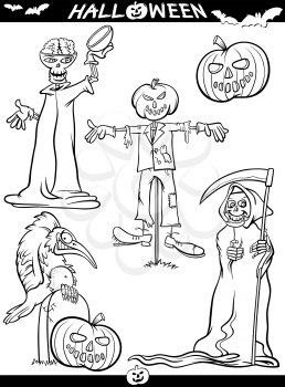 Cartoon Illustration of Black and White Halloween Themes Set for Coloring Book or Page
