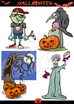 Cartoon Illustration of Halloween Holiday Themes like Pumpkins or Zombie and Skeleton or Graves