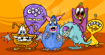Cartoon Illustration of Fantasy Monsters or Halloween Frights Group