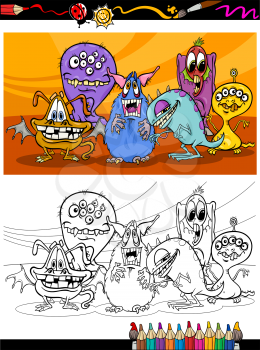 Coloring Book or Page Cartoon Illustration of Black and White Monsters Characters Group for Children