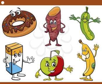 Cartoon illustration of funny food objects characters