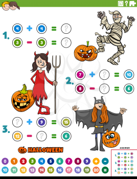 Cartoon illustration of educational mathematical addition and subtraction puzzle task with children characters on Halloween time