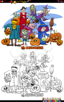 Cartoon illustration of Halloween spooky characters group coloring book page