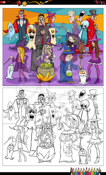 Cartoon illustration of Halloween or fantasy spooky comic characters group coloring book page