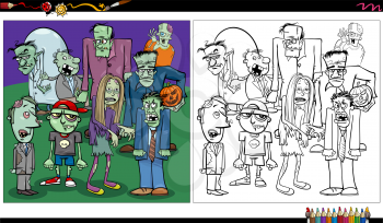Cartoon illustration of zombies fantasy or Halloween characters group coloring book page