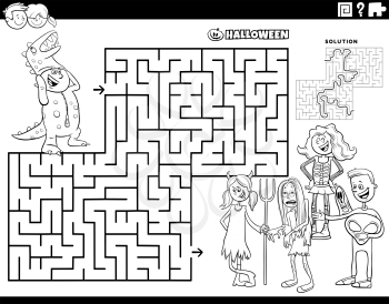 Black and white cartoon illustration of educational maze puzzle game with children at the Halloween party coloring book page