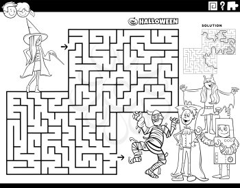 Black and white cartoon illustration of educational maze puzzle game with kids on Halloween time coloring book page