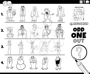 Black and white cartoon illustration of odd one out picture in a row educational game for elementary age or preschool children with Halloween holiday characters coloring book page
