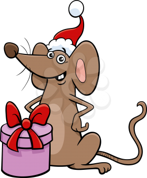 Cartoon illustration of mouse animal character with present on Christmas time
