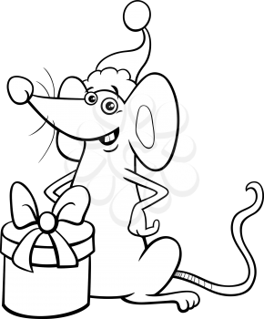 Black and white cartoon illustration of mouse animal character with present on Christmas time coloring book page