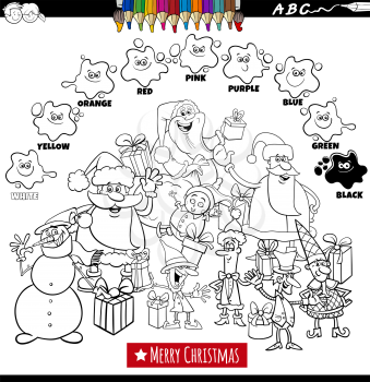 Black and white educational cartoon illustration of basic colors with Christmas holiday characters group coloring book page