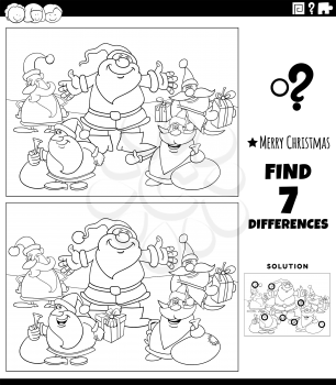 Black and white cartoon illustration of finding differences between pictures educational game for children with Santa Claus characters on Christmas time coloring book page