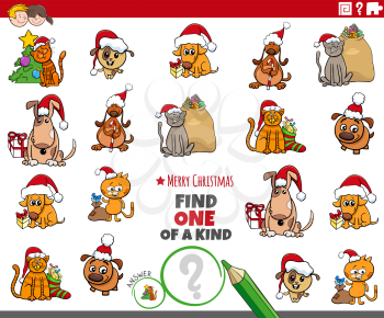 Cartoon illustration of find one of a kind picture educational game with pets characters on Christmas time