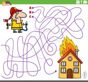 Cartoon illustration of lines maze puzzle game with firefighter character and burning house
