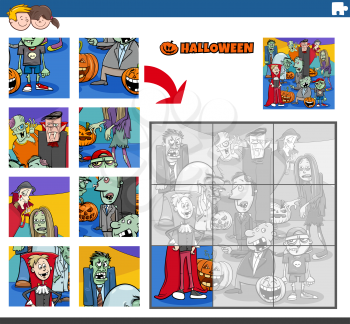 Cartoon illustration of educational jigsaw puzzle game for children with Haloween characters