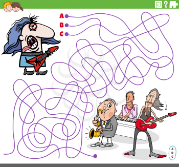Cartoon illustration of lines maze puzzle game with rockman guitarist character and music band