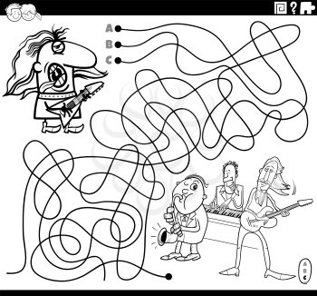 Black and white cartoon illustration of lines maze puzzle game with rockman guitarist character and music band coloring book page