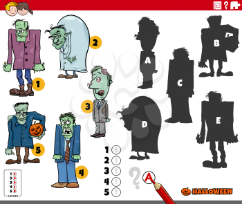 Cartoon illustration of finding the right shadows to the pictures educational game for children with zombies Halloween characters