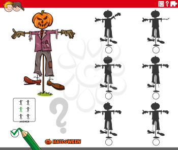 Cartoon illustration of finding the shadow without differences educational game for children with scarecrow Halloween character