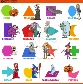 Educational cartoon illustration of geometric shapes with captions and funny Halloween characters for preschool and elementary age children