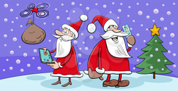 Greeting card cartoon illustration of Santa Claus characters with a drone and tablet on Christmas time