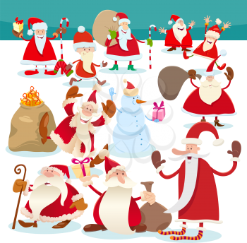 Cartoon illustration of Santa Claus and Christmas characters group