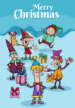 Cartoon illustration design or greeting card with elves characters on Christmas time