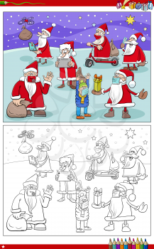 Cartoon illustration of Santa Claus Christmas characters group coloring book page