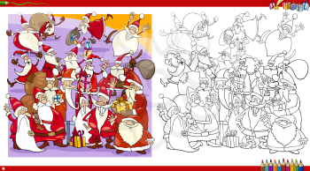 Cartoon illustration of Santa Claus Christmas characters big group coloring book page
