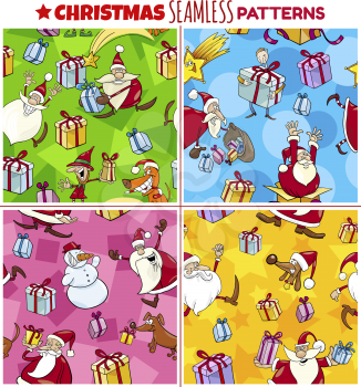 Seamless patterns cartoon illustration set with Santa Claus and Christmas characters for wrapper or paper pack