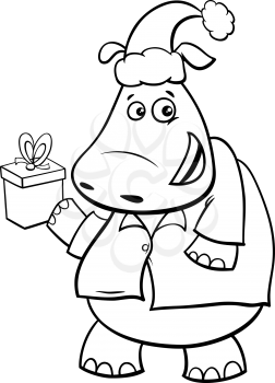 Black and white cartoon illustration of hippopotamus animal character with present on Christmas time coloring book page