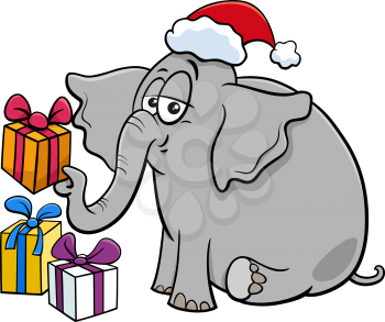Cartoon illustration of elephant animal character with presents on Christmas time