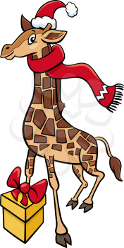 Cartoon illustration of giraffe animal character with present on Christmas time