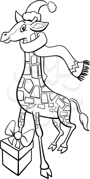 Black and white cartoon illustration of giraffe animal character with present on Christmas time coloring book page