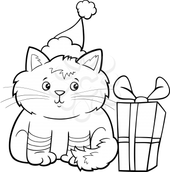 Black and white cartoon illustration of cat or kitten animal character with present on Christmas time coloring book page