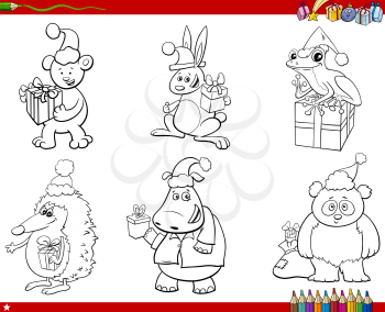 Black and white cartoon illustration of funny animal characters on Christmas time set coloring book page