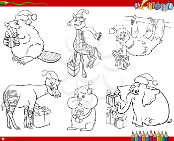 Black and white cartoon illustration of comic animal characters on Christmas time set coloring book page